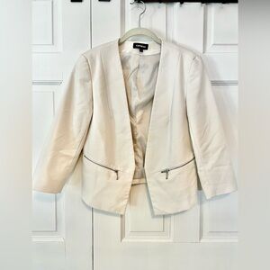 Express White Stretch Cropped Blazer 3/4 Sleeve Open Front Size 12